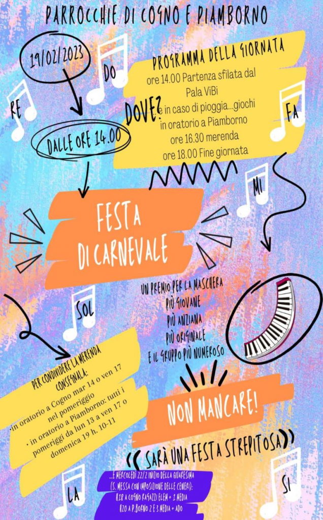 Domenica 19/02/2023 alle ore 14:00 partirà dal PalaViBi una sfilata a tema che si concluderà poi all'oratorio per merenda e giochi